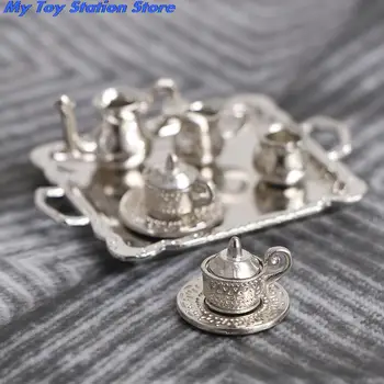 1 komplet 1/12 lutkine Minijaturni Srebrni Metalni Čaj Kava Pladanj Set Posuđa Za dollhouse Naljepnice Novi