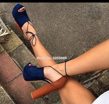 ALMUDENA/ Luksuzne ženske plava Kava Sandale-gladijatori na ne сужающемся dolje masivnim petu na platformi i čipka-up, boji modeliranje cipele u stilu patchwork