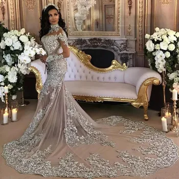 Arapski Afrički Sirena Vjenčanice Boho Šampanjac Tila Luč Aplicirano Dugim Rukavima Za Žene Vjenčanje Haljine Plus Veličine Haljina