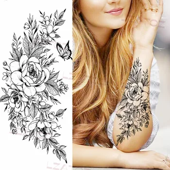 Crna Velika Ruža Privremene Tetovaže Cvijeće Za Žene Odrasle Zmija Mjesec Lažne Tetovaže Naljepnica Realan Body Art Pola Rukav Tetovaže