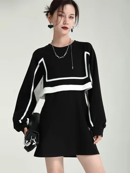 [EAM] Donje Crnu mini haljinu s obojene blokove, Novi Okrugli izrez, Dugi Rukav, Slobodni Stil, Modni Plima, Proljeće-Jesen 2023 1DF1987