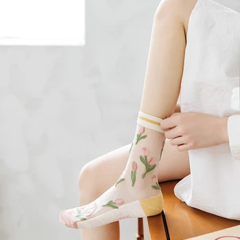 Fancy ultra tanke Prozirne Čarape s Kristalima, Ženske Modne Ljetne Čarape u stilu харадзюку, Vanjska Odjeća u retro stilu S Cvijećem, Elastične Duge Čarape