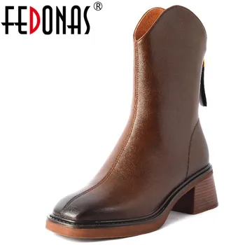 FEDONAS/Novi ženske čizme munje straga; sezona jesen-zima; modni Kratak cipele od prave Kože na debelom petu s trga vrhom ; ženske cipele