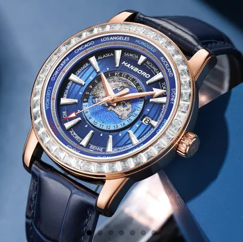 HANBORO novi dizajn Gospodo Automatski sat je najbolji brand luksuznih Mens sjajni Poslovni mehanički satovi, Kožni remen Ručni Sat