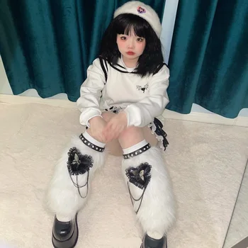 Harajuku Japanese Girl Ljubav Leptir Čipke Bijele Krznene Tajice Punk Gothic Metal Lanac Ženske Zimske Tople Čarape Za Noge