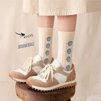 Korejski Modni Kariranih Kratke ženske Čarape Proljeće-jesen čarape srednje Dužine u stilu Харадзюку s crtani slovima Kawaii Skarpetki