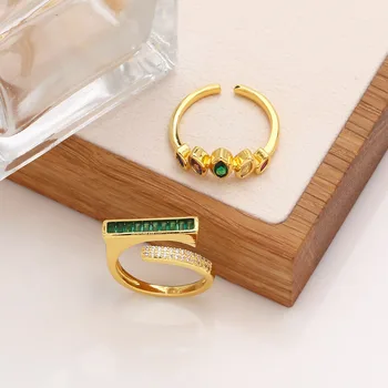 OCESRIO Moderan Zeleni Bar CZ Prsten za Žene Pozlaćeni Bakar Podesiva Luksuzni Ovalni Kristalno Prstenje Nakit Ženski Poklon rigr39