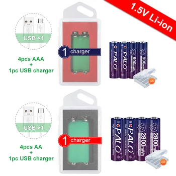 Palo AA 4kom 2800mWh li-ion punjiva baterija 1,5 v + 4kom 1,5 v AAA 900 МВтч litij baterija baterija baterija baterija baterija od 1,5 v USB punjač