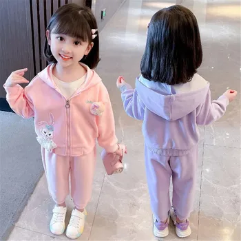 Proljeće-jesen Pamuk kostim za djevojčice do 2022 godine, Nova Korejska verzija s kapuljačom i Crtani Zečica, Casual komplet od 2 predmeta za mlade