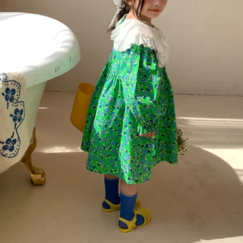 RiniLucia/Осеннее haljina za djevojčice do 2022 godine, Novi Korejski haljini s cvjetnim Uzorkom za Djevojčice, Čipkan Haljina sa zelenim rukavima i lapels, Dječja Odjeća, Dječja Odjeća