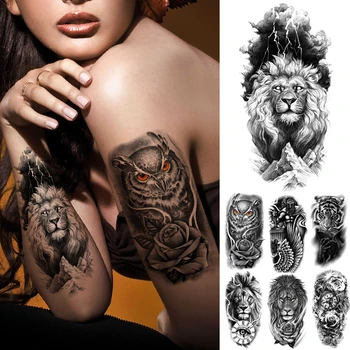Seksi anime tetovaža naljepnica crni kralj lav tigar kompas sova uzorak ruka tattoo rukava prijenos vode body art veliki za žene i muškarce