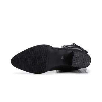 Svakodnevne čizme iznad koljena u stilu faksu, ženske cipele s okruglim vrhom, modni bijele cipele s kopčom, crne čizme za jahanje na visokoj debelim potpeticama