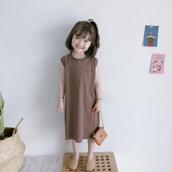 Svakodnevno haljina-majica bez rukava za djevojčice džep, Ljetno Novu Haljinu 2022 godine za malu djecu, Korejski i Japanski Osnovne Slobodne Haljine WT770