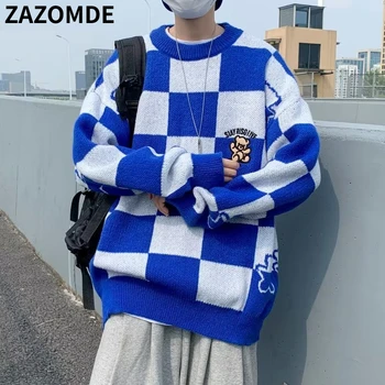 ZAZOMDE Harajuku Kockice Džemper Muški Jesen Pletene Korejski Stil Muška Odjeća Svakodnevne Modne Veste Hip-Hop Ulica Odjeća Pulover