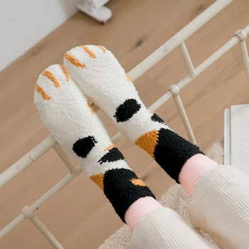 Čarape Pliš Coral Čupava Srednje Čarape-cijevi Slatka Mačka Šape jeseni i zime Debele Tople Ženske Čarape za Spavanje na podu