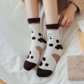 Ženske Slatka Vezeni Krznene Čarape S Panda, Zimske Tople Debele Čarape Crtani Životinje, Kućni Čarape Za Spavanje, Ugodne, Mekane Čarape Kawaii S 3D Ušima