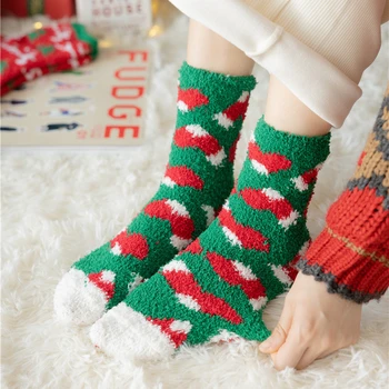 Ženski Božić, Krznene Čarape, Zimske Tople Udobne Čarape, Meke Krznene Čarape s Djeda Mraza iz Crtića, Sportske Kućni Čarape za Žene