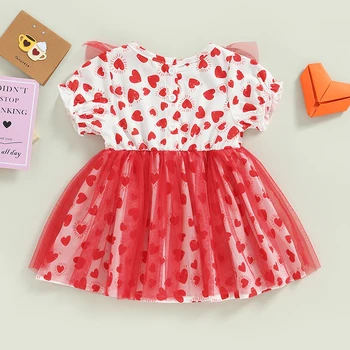 Сетчатое haljina u stilu patchwork za djevojčice, haljina je trapeznog oblika s kratkim rukavima i okruglog izreza i po cijeloj površini u obliku srca za Valentinovo, 6 mjeseci-3 godine